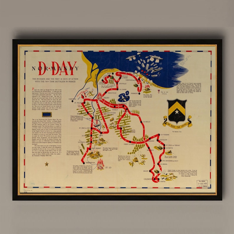 Puede incluir: Un mapa vintage que representa la invasi&oacute;n de Normand&iacute;a, Francia, el D&iacute;a D. El mapa muestra la ruta del 116&ordm; Batall&oacute;n de Tanques, con l&iacute;neas rojas que indican el camino de los tanques. El mapa est&aacute; titulado "D-Day" e incluye el texto "La invasi&oacute;n y los primeros 45 d&iacute;as de acci&oacute;n con el 116&ordm; Batall&oacute;n de Tanques en Francia."