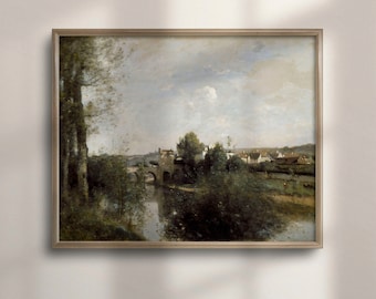 Vintage River Landscape Oil Painting: Country Cottage Farmhouse Art