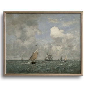 Vintage Ship Ocean Painting, Nautical Seascape Wall Art, C16-400