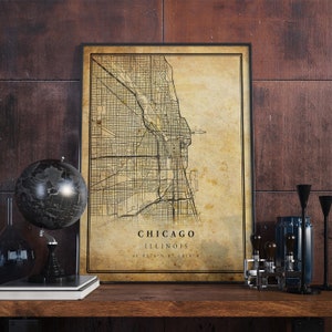 Art mural d'affiche de carte vintage de Chicago | Impression d'œuvres d'art de la ville | Décoration d'intérieur antique, rustique et de style ancien | L'Illinois imprime un cadeau | VM3