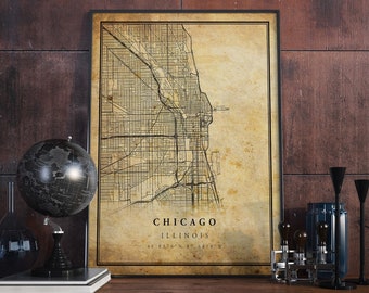 Chicago Vintage Map Poster Wall Art | City Artwork Print | Antique, rustic, old style Home Decor | Illinois prints gift | VM3