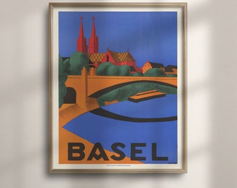Vintage 1937 Basel Switzerland Poster: Colorful Travel Wall Art