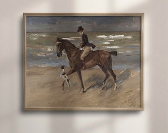 Vintage Horse Painting: Equestrian Beach Scene Art