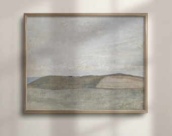 Vintage Coastal Landscape Oil Painting: Muted Neutral Art