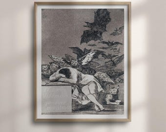 The Sleep of Reason Produces Monsters Print: Goya Gothic Wall Art, Bats and Owls Etching