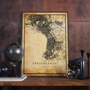Thessaloniki Vintage Karte Poster Wandkunst | Stadt Kunstwerk Druck | Antike, rustikale, alte Wohnkultur | Griechenland druckt Geschenk | M612