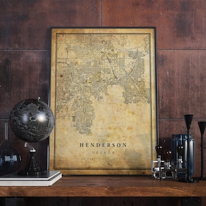 arte da parede do poster do mapa vintage de Henderson | Impressão de arte da cidade | Decoração de casa antiga, rústica e antiga | Nevada imprime presente | VM67
