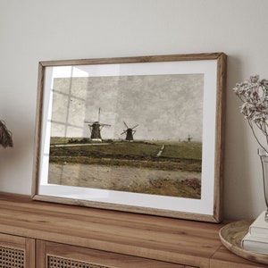 Vintage Dutch Windmill Art Print: Holland Countryside Landscape image 2