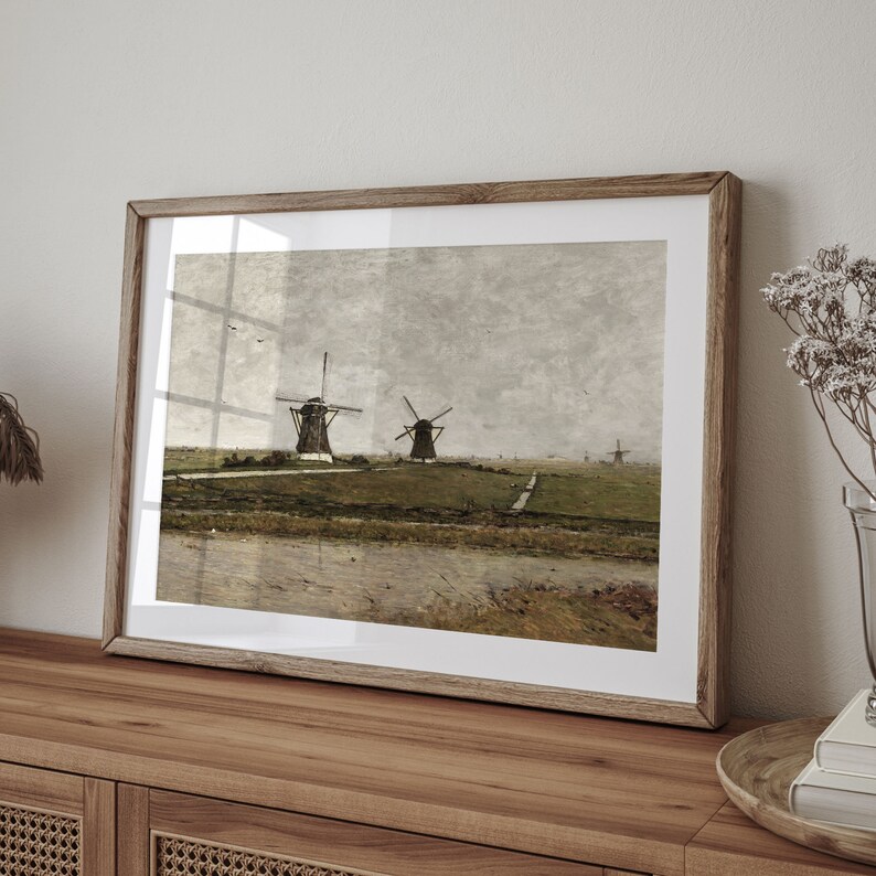 Vintage Dutch Windmill Art Print: Holland Countryside Landscape image 2