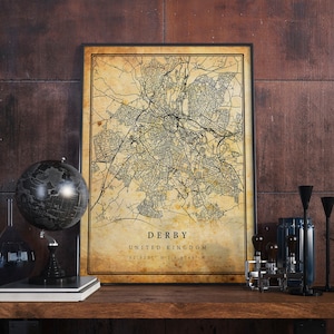 Derby Vintage Map Poster Wall Art | City Artwork Print | Antique, rustic, old style Home Decor | United Kingdom prints gift | M503
