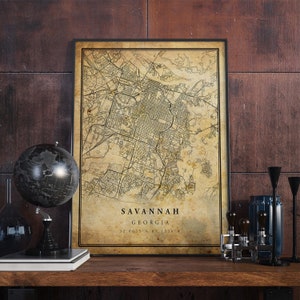 Savannah Vintage Karte Poster Wandkunst | Kunstdruck | Antike, rustikale, alte Stil Wohnkultur | Georgia druckt Geschenk | VM179