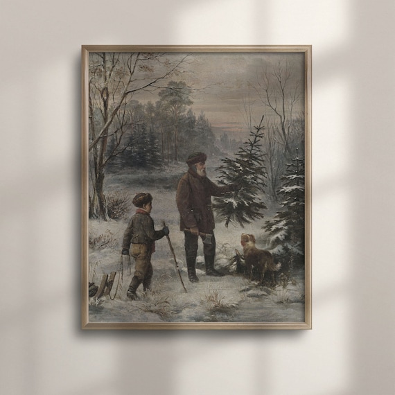 Antique Christmas Tree Painting: Snowy Winter Landscape Art