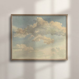 Vintage Cloud Watercolor Art, Large Wall Decor, Antique Nursery Wall Art, Blue Sky and Cloud Study, C16-288