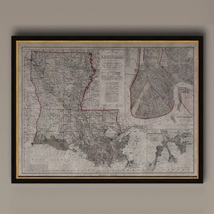 Louisiana Karte, Vintage Karte von Louisiana, Landkarte des Bundesstaates, Vintage Wandkunst, Wohnkultur, gerahmte Optionen verfügbar, Circa 19th C., AM50