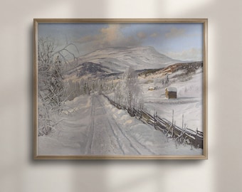 Vintage Winter Landscape Painting: Snowy Mountain Art Print