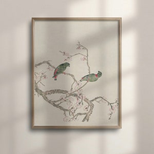 Japanese Lovebird and Botanical Wall Art, Vintage Chinoiserie, Asian Nursery Decor, Bird Art, Flower Print, C16-1398