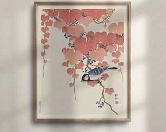 Ohara Koson 'Blue Bird' Japanese Art Print: Ukiyo-e Bird Wall Decor
