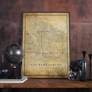 Póster de mapa vintage de San Bernardino, arte de pared, impresión de arte urbano, decoración del hogar antigua, rústica y de estilo antiguo, impresiones de California, regalo, VM100