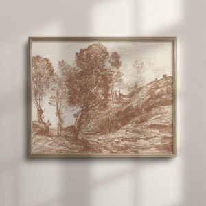 Vintage Landscape Etching, Antique Sketch Art, Neutral Tonal Wall Decor, Rustic Home Decor, Nature Drawing, C16-270