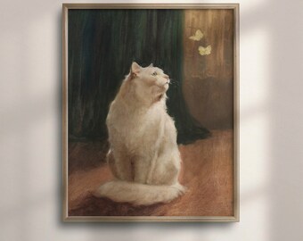 ヴィンテージ猫の壁掛けアート：優雅な白い猫と黄色い蝶 - アーサー