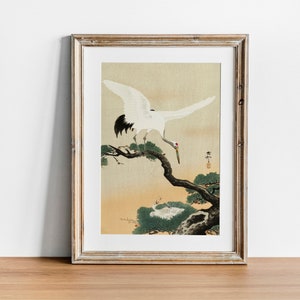 Crane Print, Antique Space Painting, Vintage Drawing Poster Wall Art, Japanese crane, litographs, wild animals america | COO738