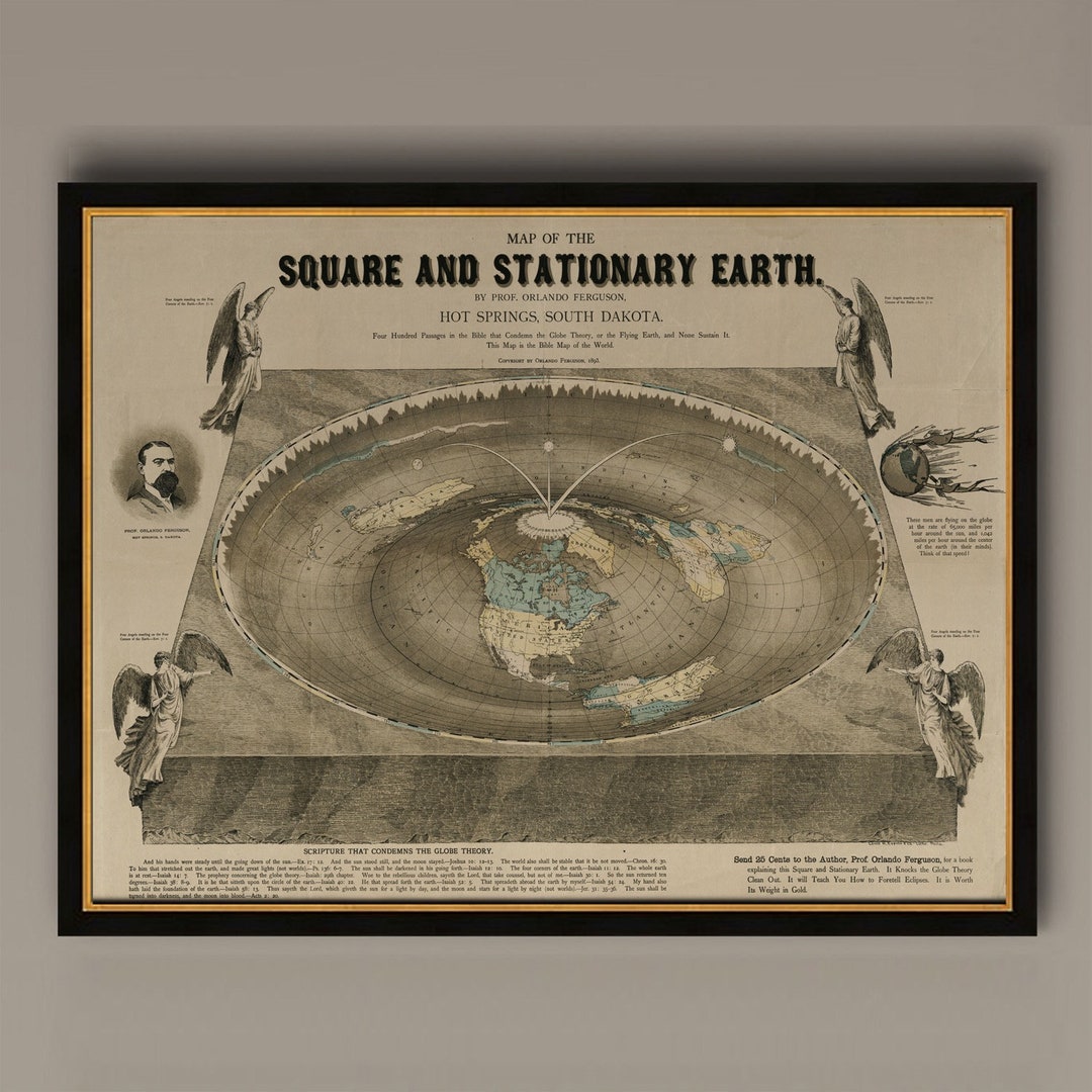 World Map of Square Stationary Flat Earth 1893 Antique Reprint 