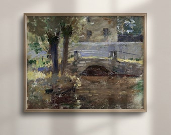 Antique Bridge Oil Painting: Vintage French Country Farmhouse Art Print
