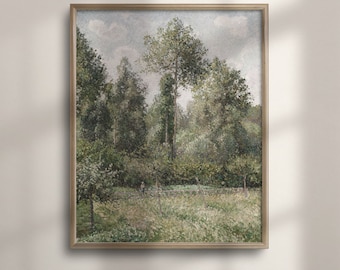 Antique Meadow Landscape Oil Painting: Vintage French Country Wall Art