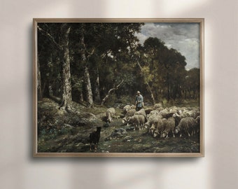 Sheep Meadow Landscape Art Print: Vintage Farmhouse Decor