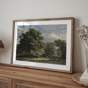 Vintage Oak Tree Landscape Oil Painting: Farmhouse Horse Scene Art imagen 2