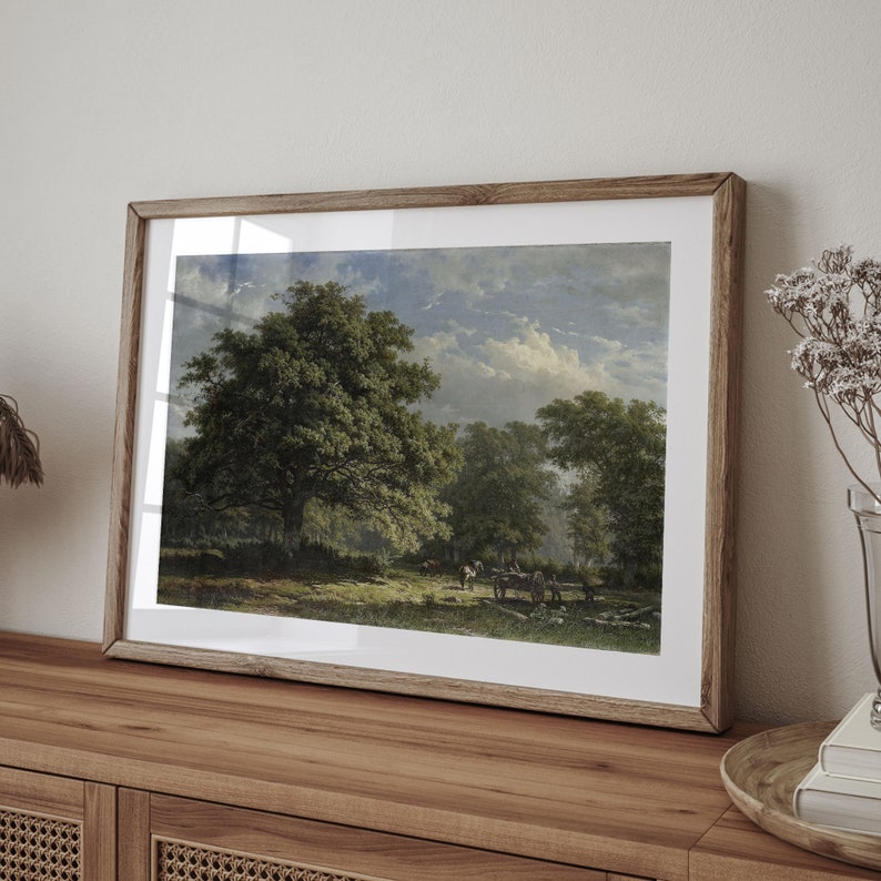 Vintage Oak Tree Landscape Oil Painting: Farmhouse Horse Scene Art imagen 2