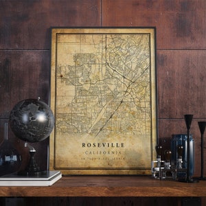 Póster de mapa vintage de Roseville, arte mural, impresión de arte urbano, decoración del hogar antigua, rústica y de estilo antiguo, impresiones de California, regalo, VM203