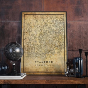Póster de mapa vintage de Stamford, arte mural, impresión de arte urbano, decoración del hogar antigua, rústica y de estilo antiguo, impresiones de Connecticut, regalo, VM211