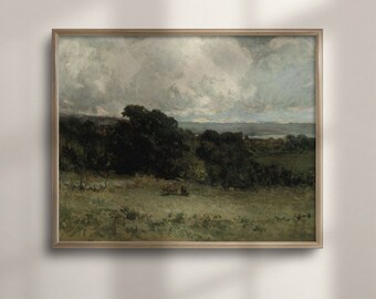 Vintage Cow Landscape Art Print: Farmhouse Wall Decor