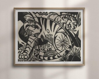 Tiger Print: Franz Marc Animal Wall Art, Black and White Expressionist Woodcut