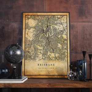 Brisbane Vintage Map Poster Wall Art | City Artwork Print | Antique, rustic, old style Home Decor | Queensland prints gift | M409