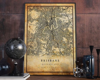 Brisbane Vintage Map Poster Wall Art | City Artwork Print | Antique, rustic, old style Home Decor | Queensland prints gift | M409