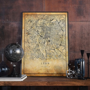 arte da parede do poster do mapa vintage de Lyon | Impressão de arte da cidade | Decoração de casa antiga, rústica e antiga | França imprime presente | M585