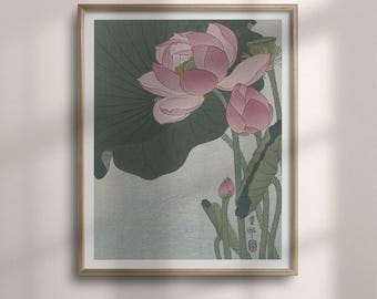 Lotus Flowers Print: Ohara Koson Japanese Wall Art, Pink Botanical Woodblock with Green Leaves