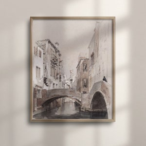 Venice Canal Sketch, Vintage Neutral Watercolor Painting, Antique Italy Wall Art, Classic Travel Poster, C16-744