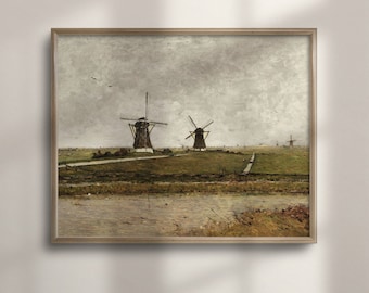 オランダの風車の風景画｜ヴィンテージオランダの田園風景油絵（印刷