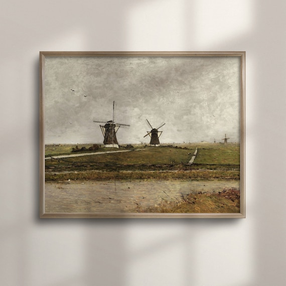 Vintage Dutch Windmill Art Print: Holland Countryside Landscape