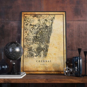 Chennai Vintage Karte Poster Wandkunst | Stadt Kunstwerk Druck | Antike, rustikale, alte Wohnkultur | Indien druckt Geschenk | M695