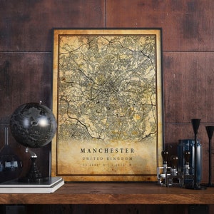 Manchester Vintage Map Poster Wall Art | City Artwork Print | Antique, rustic, old style Home Decor | United Kingdom prints gift | M472