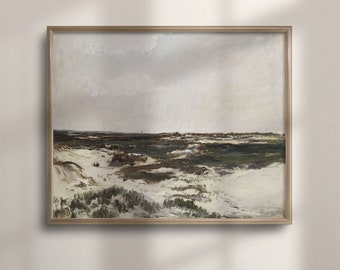 Vintage Coastal Oil Painting: Neutral Beach House Art