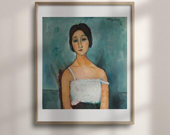 Christina Print: Amedeo Modigliani Portrait Wall Art, Woman against a Blue Background