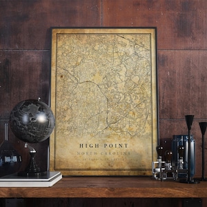 Art mural affiche vintage carte High Point | Impression d'oeuvres d'art de la ville | Décoration d'intérieur antique, rustique et de style ancien | Cadeau imprimé Caroline du Nord | VM259