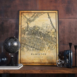 Affiche vintage carte de Hamilton, art mural | Impression d'oeuvres d'art de la ville | Décoration d'intérieur antique, rustique et de style ancien | Cadeau d'imprimés de l'Ontario | M317