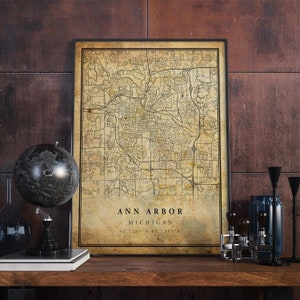 Póster de mapa vintage de Ann Arbor, arte de pared, impresión de arte urbano, decoración del hogar antigua, rústica y de estilo antiguo, regalo de impresiones de VMichigan, VM228
