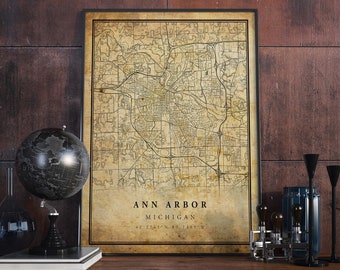 Ann Arbor Vintage Map Poster Wall Art | City Artwork Print | Antique, rustic, old style Home Decor | VMichigan prints gift | VM228